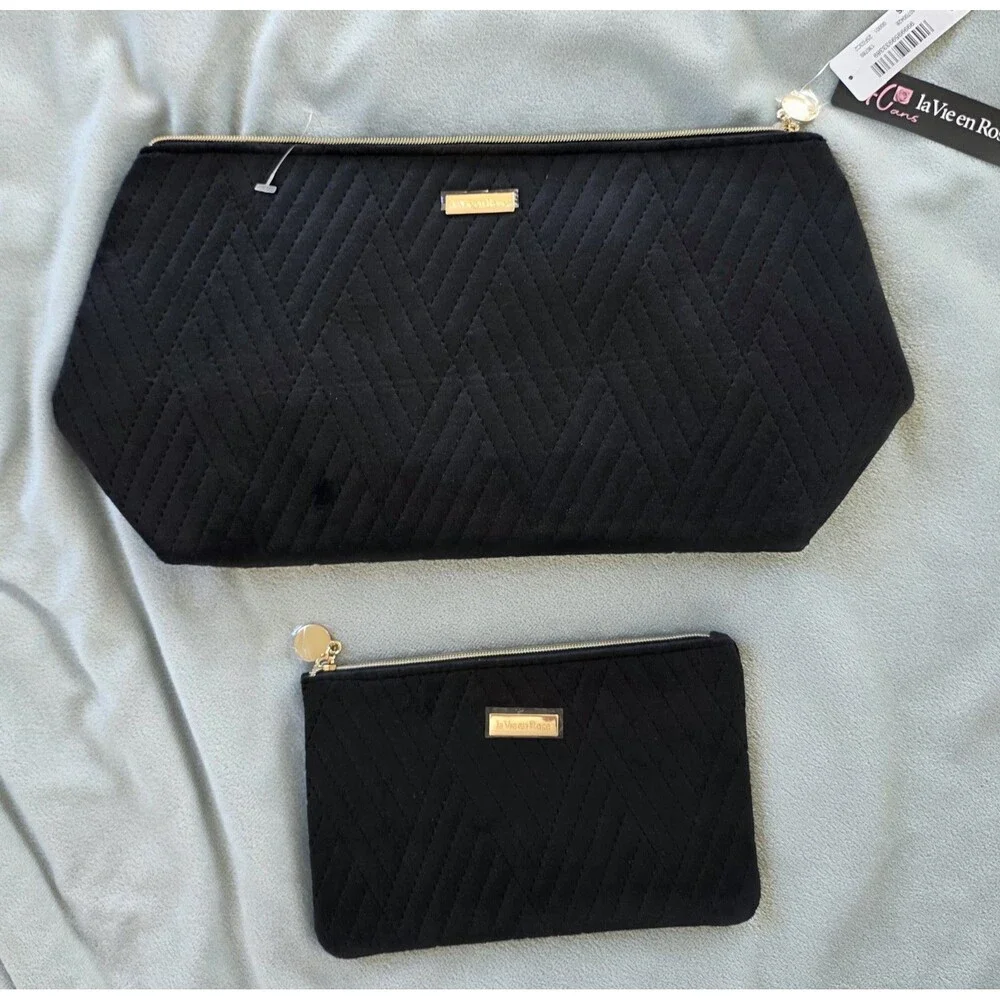 La Vie en Rose 2 Piece Velvet Cosmetic Bag Set Black Quilted NWT MSRP $29.95